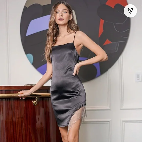 Lulus Strobe Lights Black Satin Rhinestone Fringe Mini Dress NWT - Picture 3 of 14